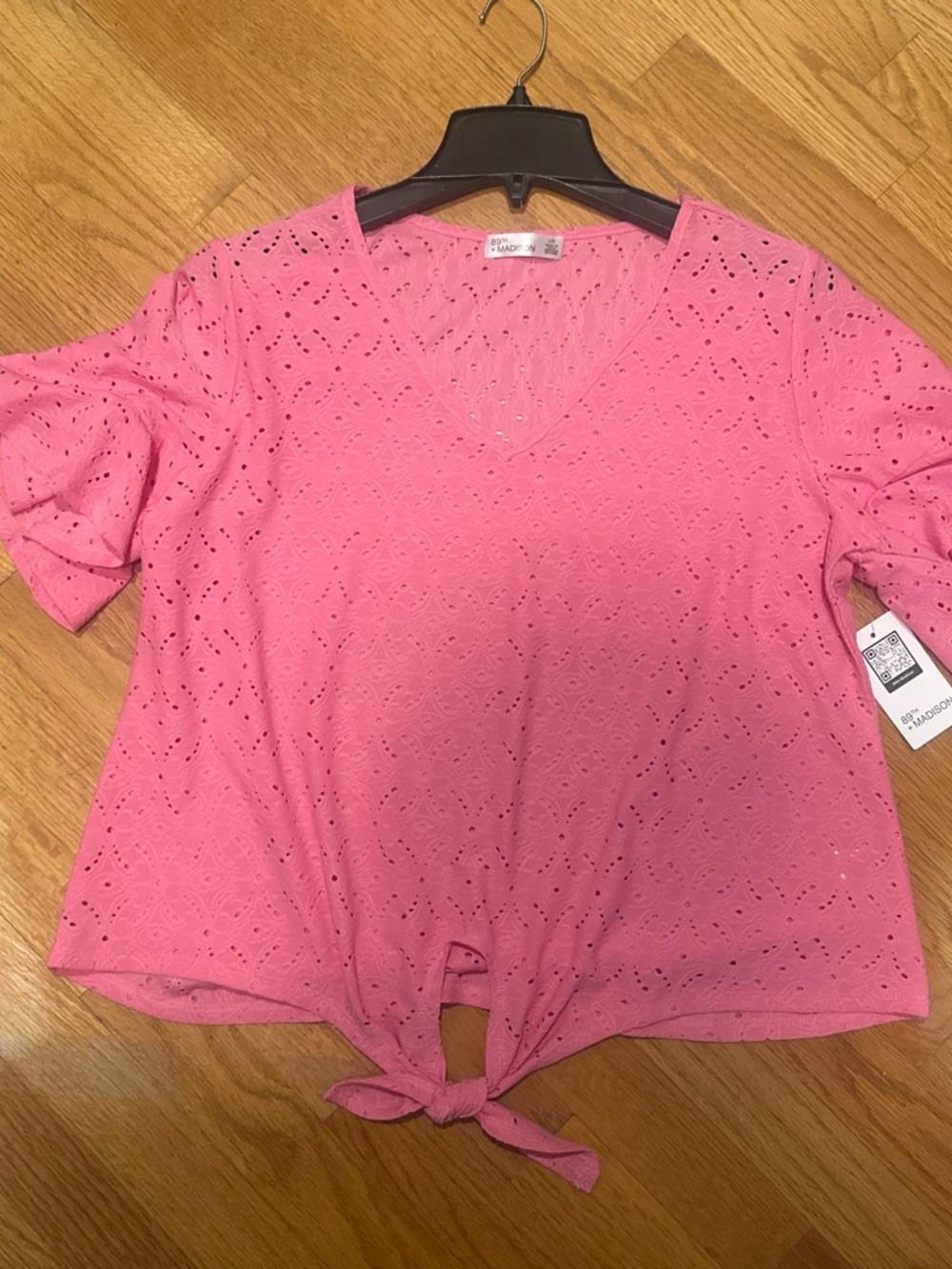 Madison Pink Eyelet V-Neck Tie-Front Crop Top